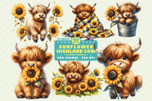 Download Watercolor Sunflower Highland Cow PNG - Premium Bundle